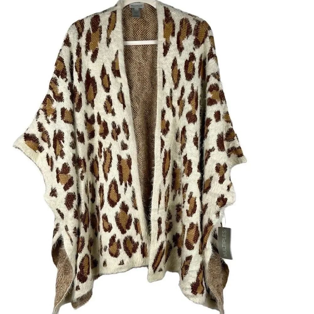 NWT Multiples Natural Attraction Leopard Open Front Fuzzy Poncho OX/1X